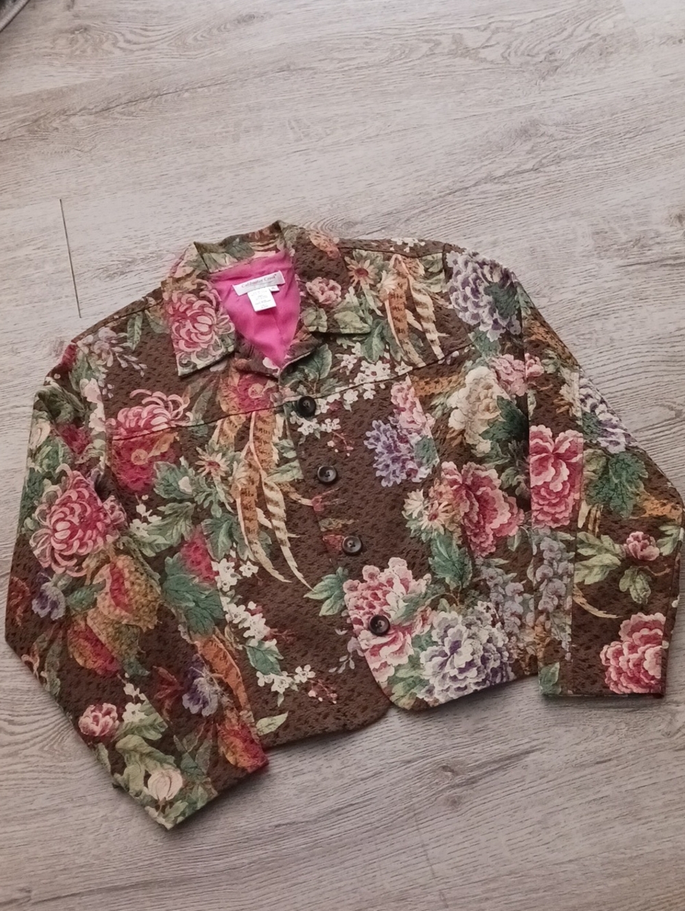 Coldwater Creek Brown Floral  Cropped Jacket Petite Large EUC